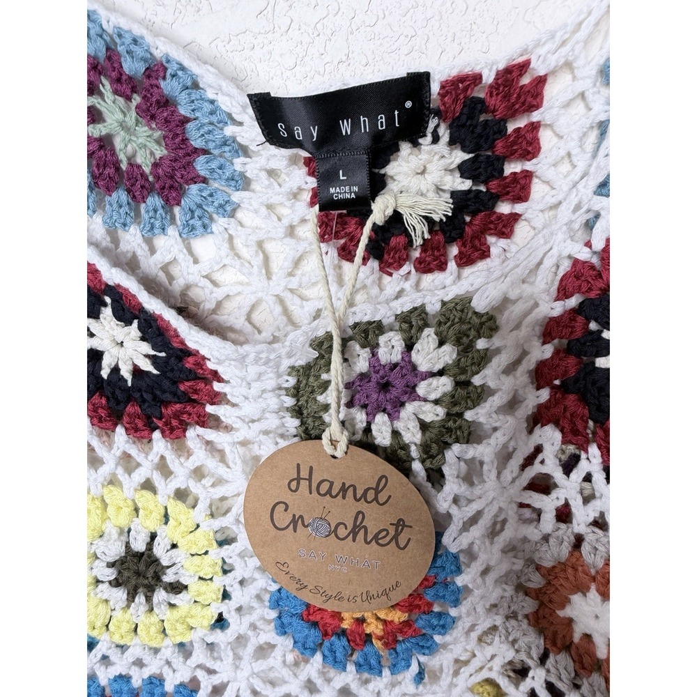 Hand Made Top Womens L Floral Granny Square Crochet Crop Hippie Festival NWT - Picture 4 of 12